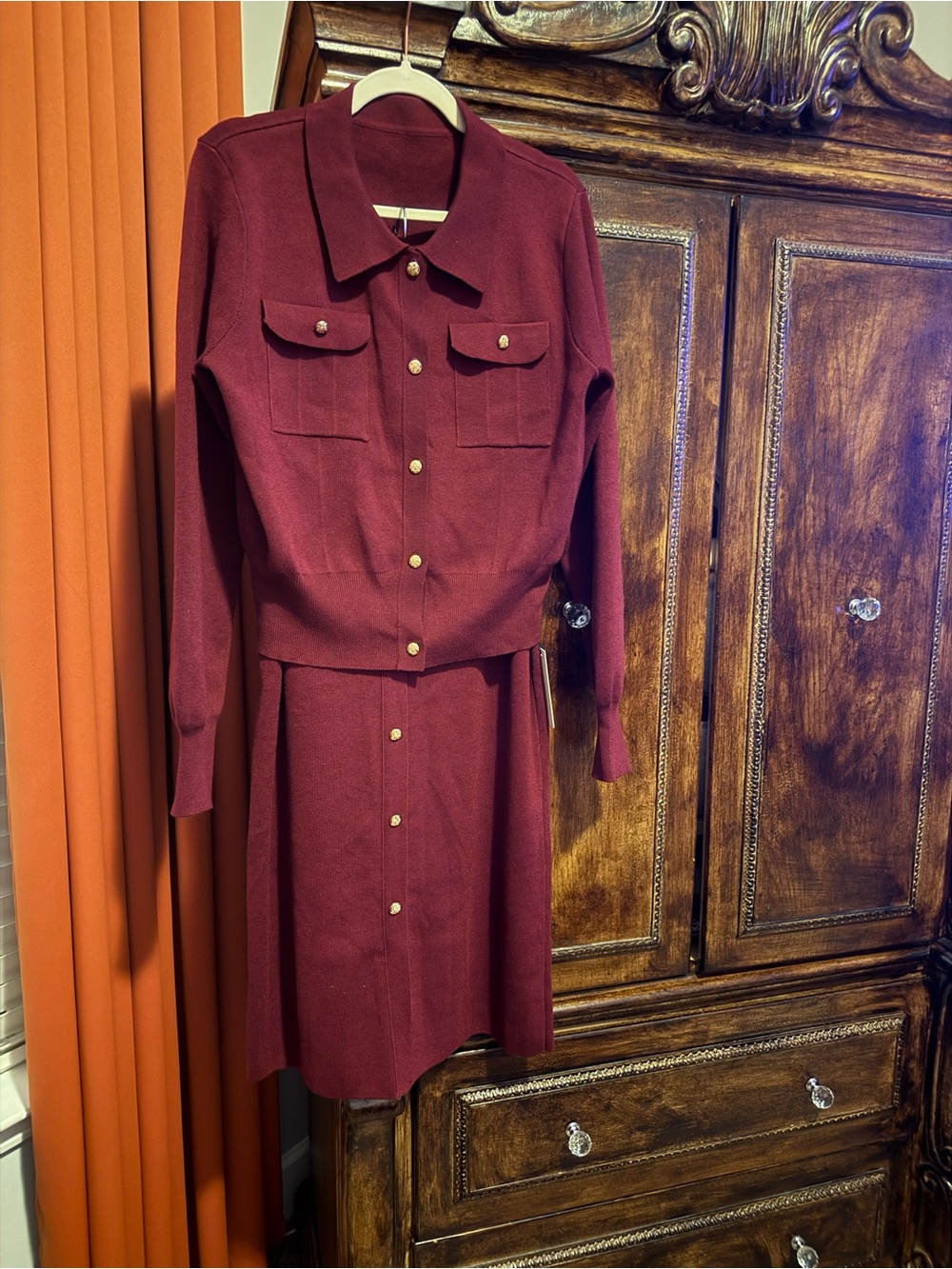 Commense Maroon Button-Front Knit Skirt Set